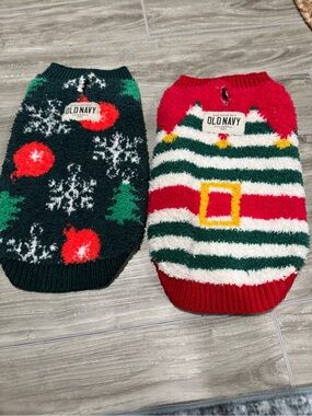 Old Navy holiday  soft Green and Red Striped Fuzzy Dog Sweaters